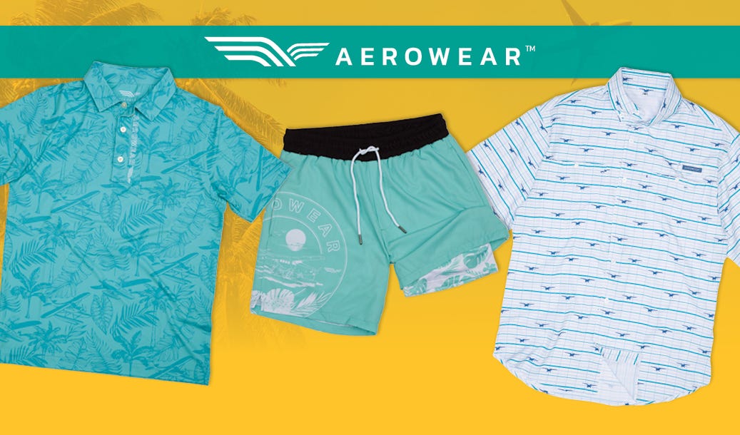 Aerowear Shirts and shorts on a yellow summer aviation themed background