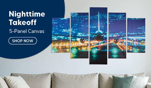Nighttime Takeoff 5-Panel Canvas Wall Art Set on wall shsowing airline jet