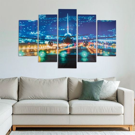 Nighttime Takeoff 5-Panel Canvas Wall Art Set on wall