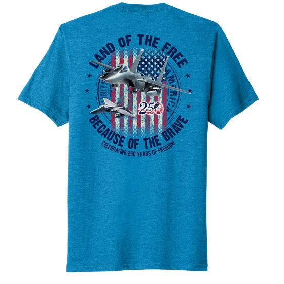 Back of Land of the Free Fighter Jet America 250 T-Shirt on white