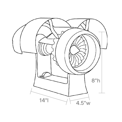 Product dimensions diagram showing front, side, and depth measurements