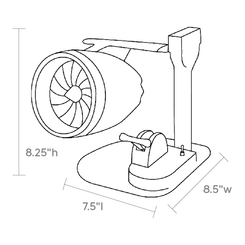 Product dimensions diagram showing front, side, and depth measurements